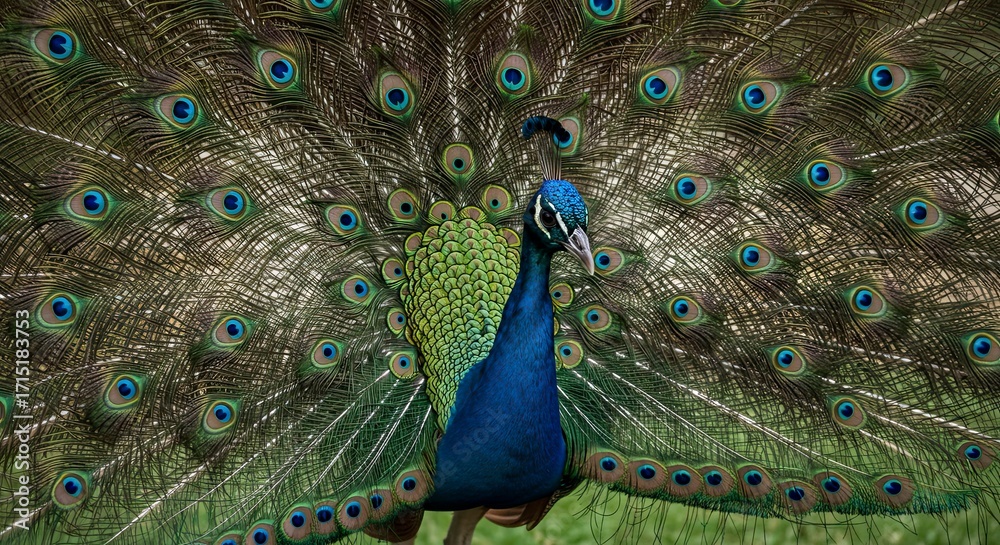 Fototapeta premium Majestic Peacock Displaying Vibrant Feathers, Eye-Spots, and Intricate Patterns