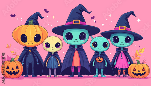 A charming group of cute alien beings in Halloween costumes, featuring witch hats and jack-o'-lanterns for a festive celebration