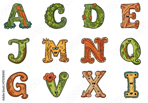 Cartoon Alphabet Letters with Floral and Organic Designs Whimsical Font.