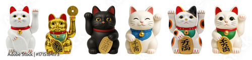 Maneki-neko cat set including white, black, gold, and calico variations isolated. Japanese good luck and fortune charm collection.