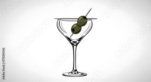 Classic Martini Cocktail Glass with Olives Illustration.