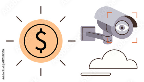 Security camera with focused lens, dollar symbol radiating lines, and cloud icon. Ideal for concepts thumbs up financial security, online monitoring, cloud storage, surveillance, technology, data