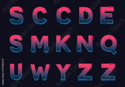 Futuristic Alphabet Set with Gradient Colors and Circuit Board Details on Dark Background.