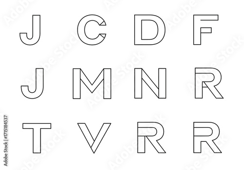 Outlined Alphabet Letters J C D F M N R T V Isolated on White.