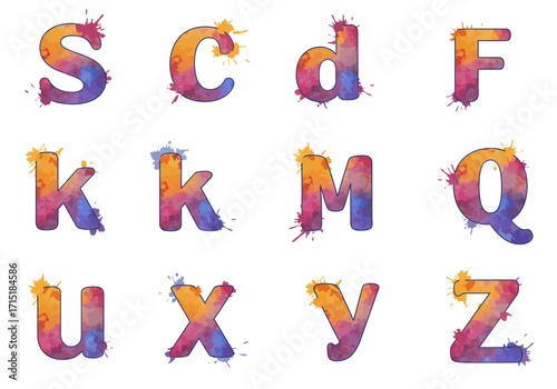 Watercolor Alphabet Letters with Splatters S C d F k M Q U X Y Z in Gradient Colors.