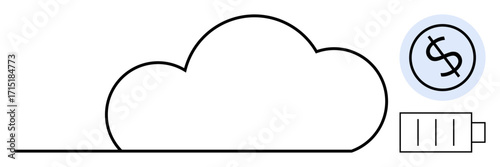 Cloud outline with a dollar sign and battery icon highlighting energy resources, cost-effectiveness, and sustainable digital services. Ideal for cloud services, energy conservation, financial