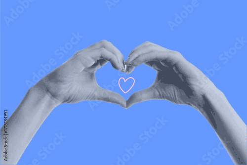 Halftone vector hands pointing at each other with a love symbol. Vector illustration eps