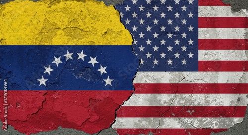 Political Divide: A symbolic representation of the political divide, featuring the flags of Venezuela and the United States split apart with a grunge effect.