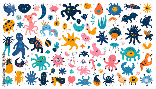 Big collection of cute funny monster characters and silly creatures. A doodle set of colorful aliens, microbes, and germs for creative design
