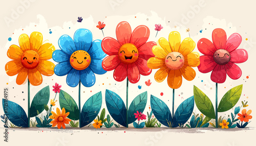 A Row of Cheerful, Smiling Cartoon Flowers Blooming in a Garden with Delicate Leaves and Small Scattered Flowers