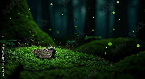 Moth Resting on Mossy Forest Floor Illuminated by Fireflies at Night