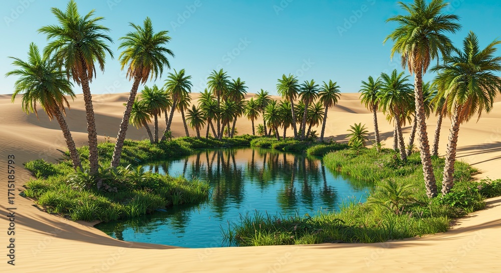 Obraz premium Oasis Serenity: Palm Trees Reflecting in Tranquil Desert Pond, Clear Sky.