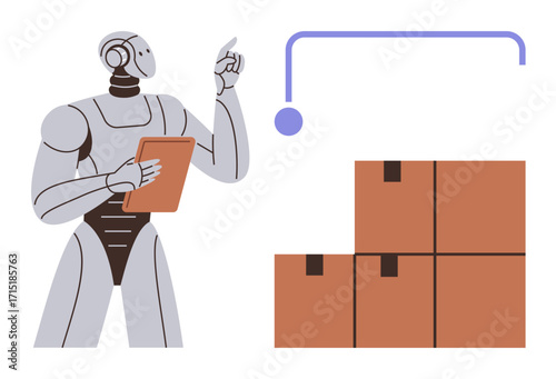 Humanoid robot holds clipboard, pointing at system icon next to stacked boxes. Ideal for automation, logistics, AI, robotics, warehouse, industry efficiency. Represents simple flat metaphor