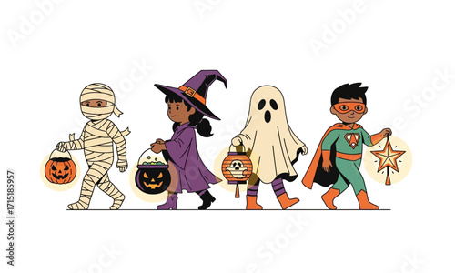 Four diverse children in Halloween costumes walking, trick-or-treating with buckets and lanterns, cartoon illustration.