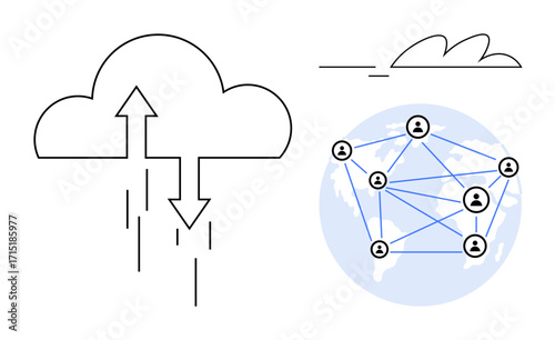 Cloud uploading and downloading arrows beside a globe showcasing a network of interconnected user nodes. Ideal for technology, data sharing, cloud services, global communication, network