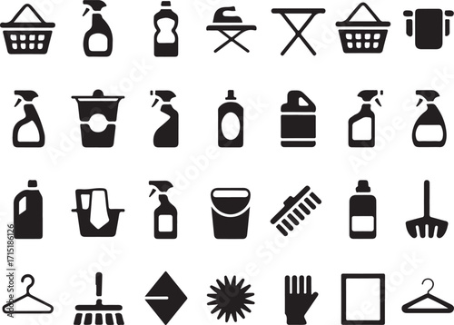 Cleaning Supplies Black Silhouette Icons on Transparent Background Vector Set