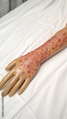 Realistic medical model arm shows skin irritation and lesions
