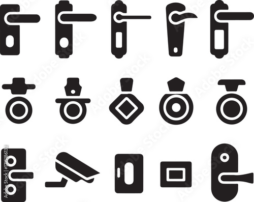 Elegant Door Hardware Collection Black Silhouette Icons on Transparent Background Vector Set