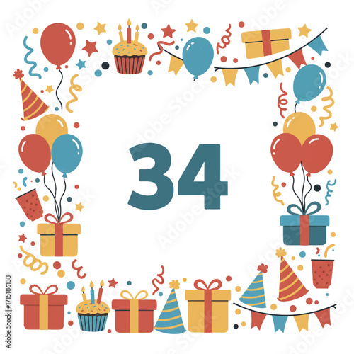 Birthday celebration image with the number 34 surrounded by festive decorations and balloons.