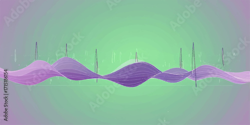 Abstract vector illustration of colorful ocean waves with sun and blue sky