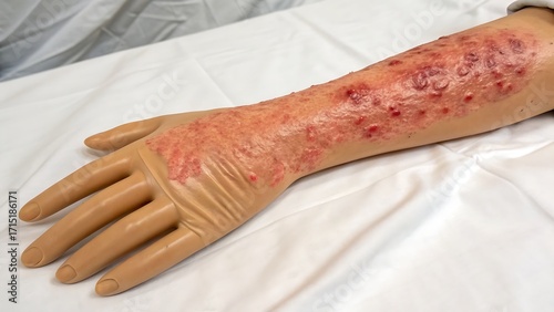 Realistic medical mannequin arm showing severe skin burns and blistering