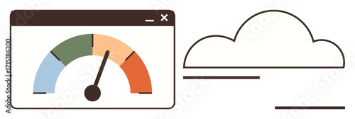 Speedometer in a web application next to a cloud icon conveys performance tracking, data analytics, and cloud services. Ideal for technology, metrics, progress, efficiency, optimization, storage