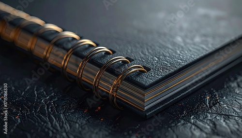 Closeup of Black Notebook with Gold Binding