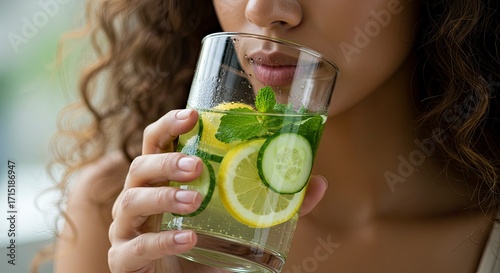 Refreshing Detox Drink: Woman Sipping Cucumber, Lemon, Mint Infused Water