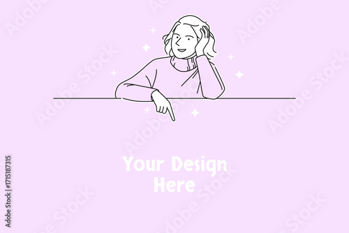 Smiling Female Model in Turtleneck Sweater Showing Downward Gesture on Copy space Board Background