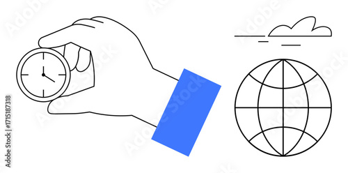Hand holding clock symbolizing time, globe for worldwide connection, and cloud for simplicity. Ideal for scheduling, efficiency, globalization, productivity, planning, organization time management