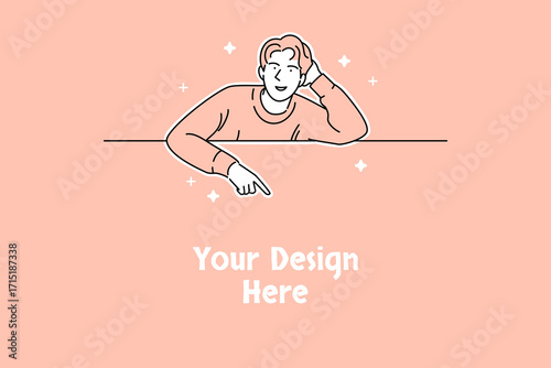 Happy Man in Yellow Sweater Pointing Down at Blank Sign on Blue Background