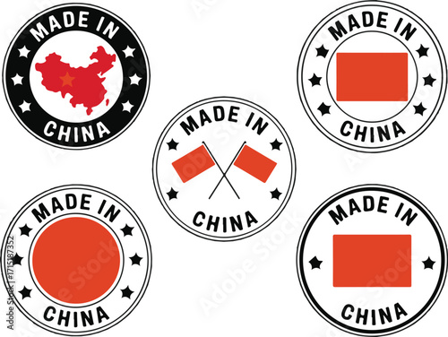 Collection of Made in China Stamp Icons Vector Illustration Set with Transparent Background