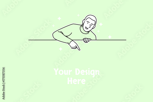 Smiling Male Model in warm Turtleneck Sweater Showing Downward Gesture on Copy space Background