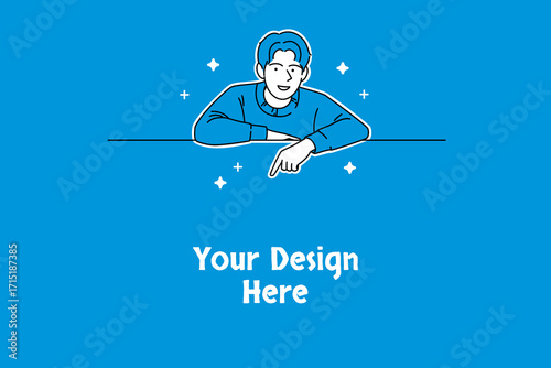 Confident Man in Good Sweater Leaning on Blank Sign and Pointing Down Over Copy Space Background
