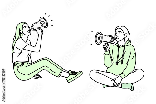 Youthful Women Expressing Joy and Communication with Megaphone on White Background – Lifestyle & Empowerment Concept 