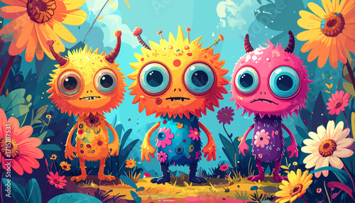 Three whimsical, colorful, and cute aliens standing in a field of vibrant flowers, bringing a sense of playful curiosity and otherworldly charm to a whimsical, natural setting