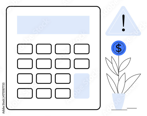 Large calculator with blue dollar symbol, caution triangle, and house plant. Ideal for budgeting, accounting, cost calculation, expenses, financial risk investments office tasks. Simple flat