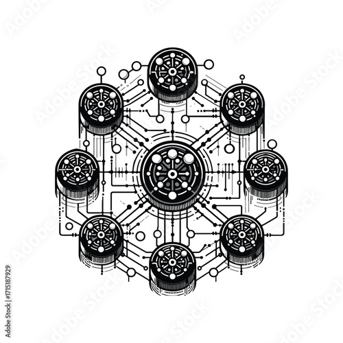 Abstract illustration of interconnected gears and circuits