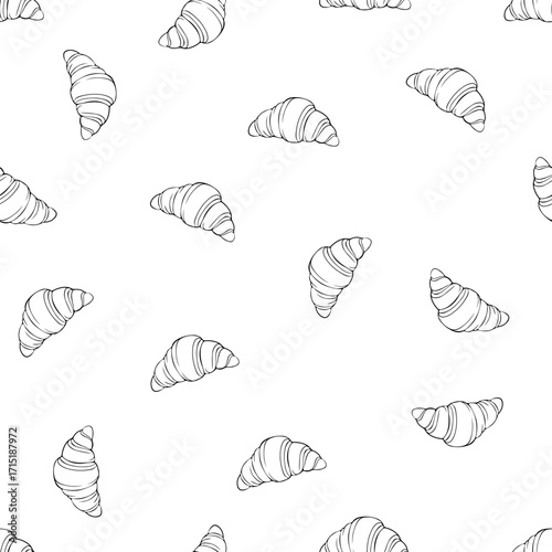 Seamless minimalist vector pattern with croissants for packaging, textile design, wallpapers, cafe menus and kitchen decor, hand-drawn, minimal, vintage style