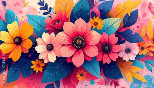 Vibrant Floral Arrangement with Various Flowers and Green Leaves
