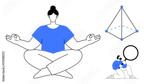 Woman meditating in lotus pose, geometric shape with points and lines, person analyzing with magnifier. Ideal for mindfulness, focus, geometry, research, balance, clarity simple flat metaphor