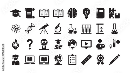 Education and science themed icon set with scientific and learning symbols