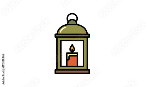 Olive-Green Lantern with Lit Red Candle, Simple Line Art Style.