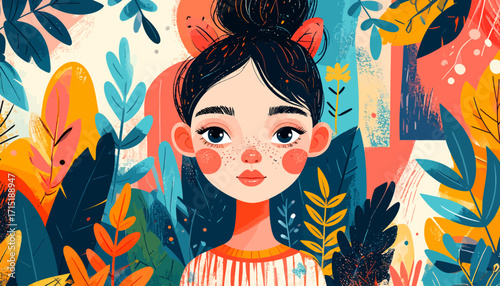Whimsical artistic portrait of a young woman with a top knot bun surrounded by a vibrant, abstract botanical jungle