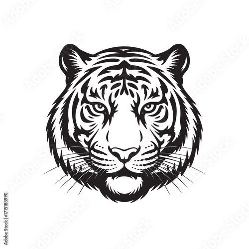 Black and white illustration of a fierce tiger head with detailed stripes and whiskers face animal