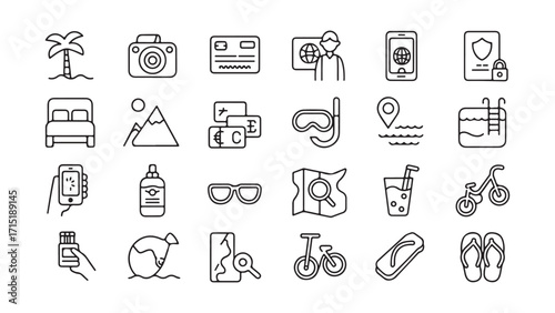 Travel and Vacation Icons Set of Line Art Illustrations. Vibrant summer vacation and travel destinations illustration