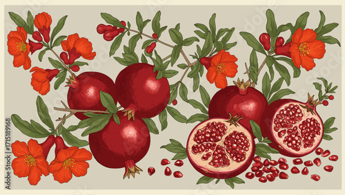 Botanical illustration of ripe pomegranates with red blossoms and green leaves. Whole and cut pomegranates with juicy arils, fruit branch.