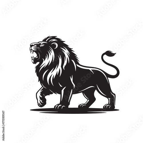 Black silhouette of a roaring lion walking with its mouth open on a white background big cat feline