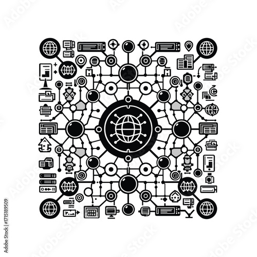 Abstract network illustration with global connectivity symbols