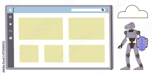 Robot with a shield near browser window and cloud icon, representing online protection. Ideal for cybersecurity, digital safety, data management, cloud computing, AI in security, internet safety